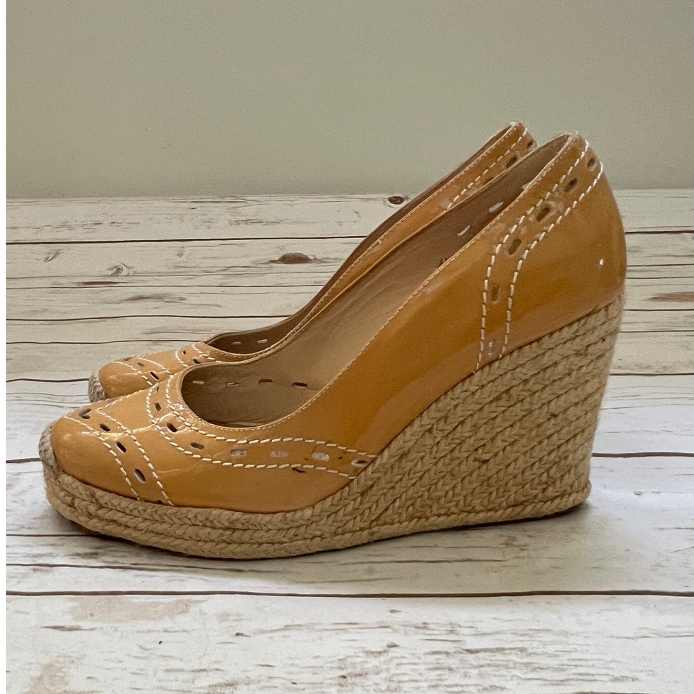 LK Bennett Espadrille Wedges Tan Patent Leather Brogue Detail EU 36 US 6